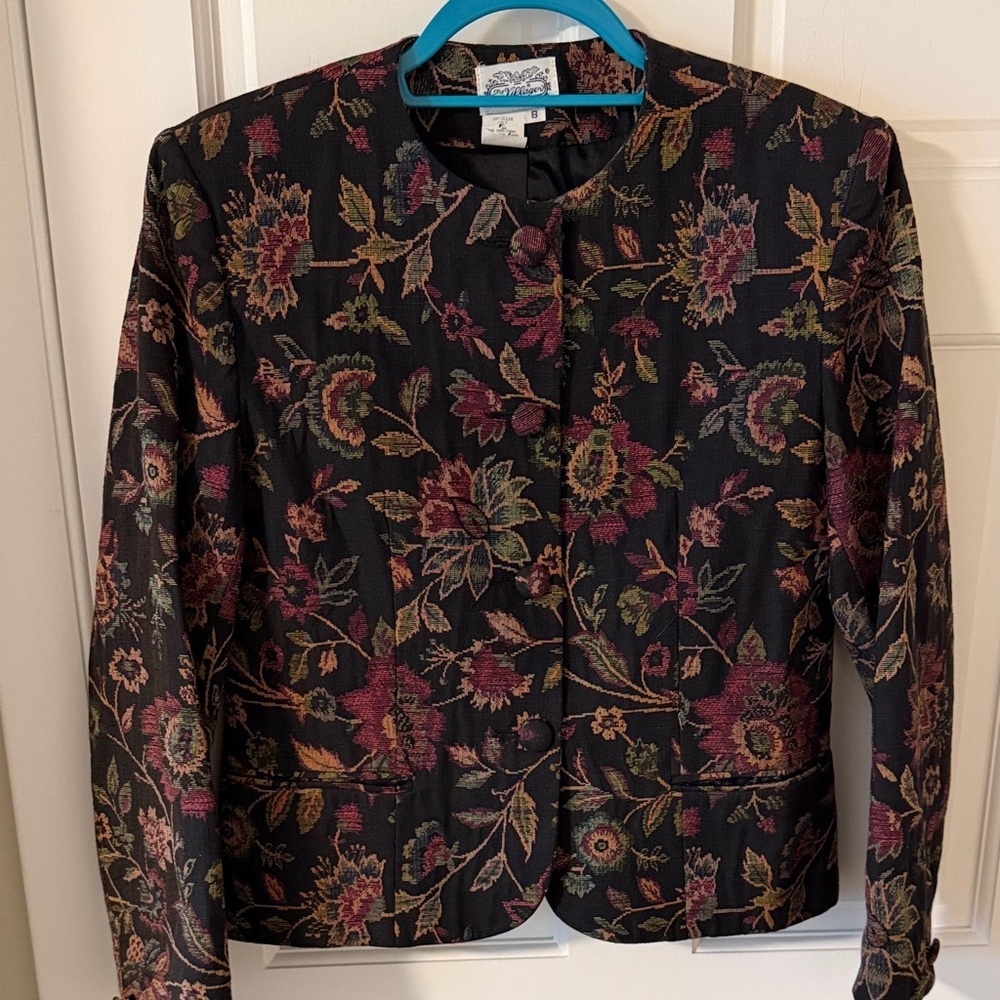 VINTAGE The Villager Black Floral Tapestry Collarless Blazer Size 8